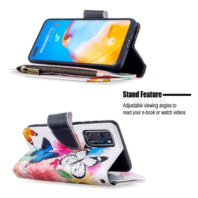 Pattern Printing Zipper Wallet Stand Leather Shell for Huawei P40 - Butterfly and Flower-7