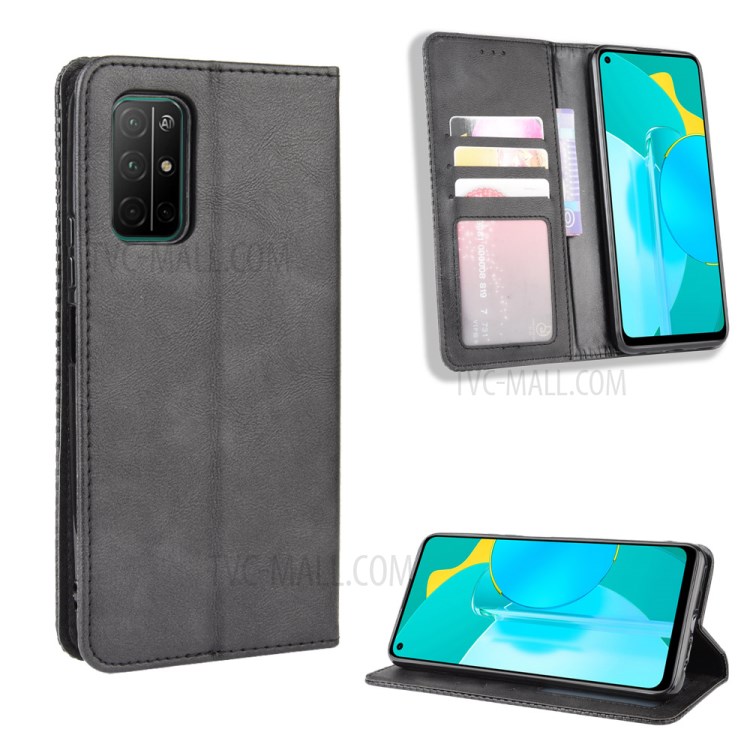 Auto-absorbed Protection Retro PU Leather Wallet Cell Phone Cover for Honor 30S - Black-1