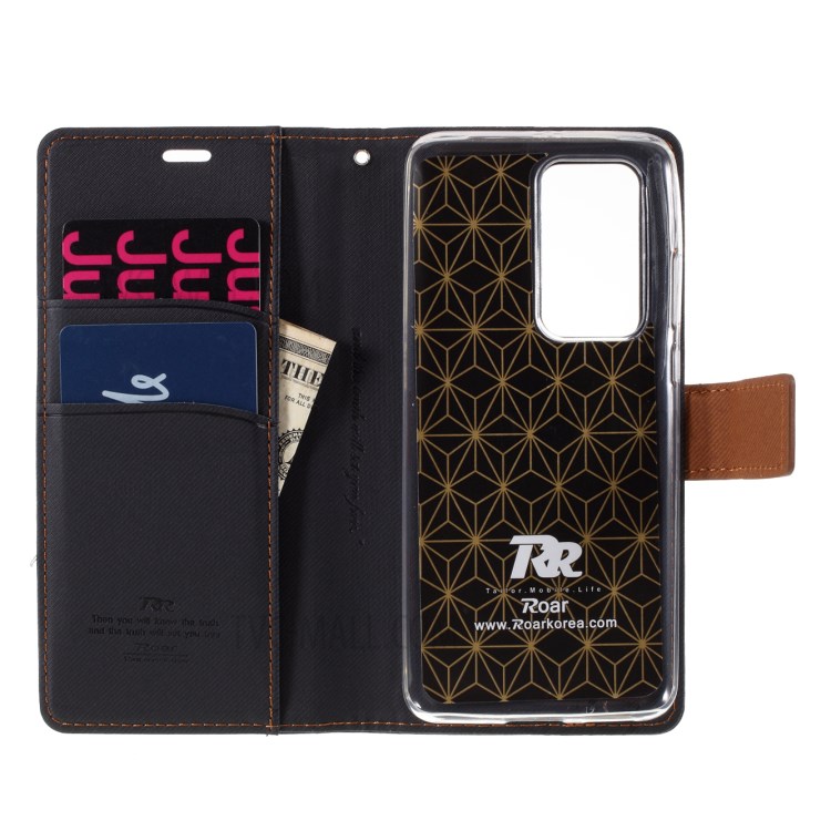 ROAR Twill Couverture De Téléphone Flip Étui Portefeuille En Cuir De Grain Pour Huawei P40 Pro - Noir-7