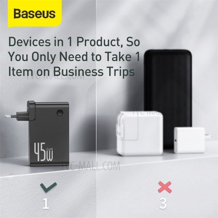 Estação De Energia BASEUS (gan) 2-em-um Banco De Potência De Carga Rápida & Carregador C + L 10000mAh 45W UE - Preto-2