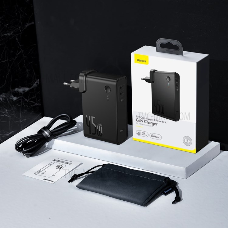 Estação De Energia BASEUS (gan) 2-em-um Banco De Potência De Carga Rápida & Carregador Portas Tipo Dual-c 10000mAh 45W UE - Preto-12