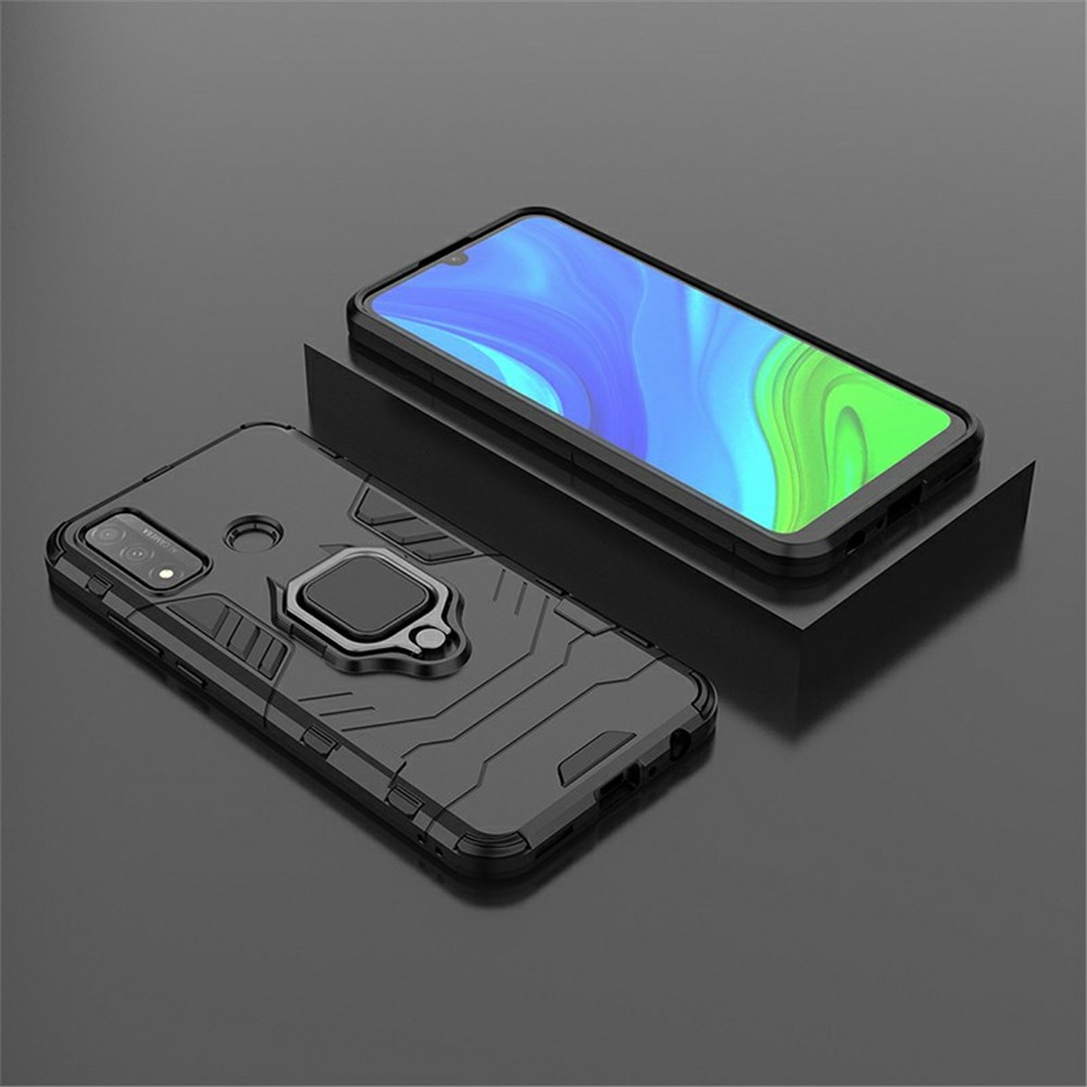 Protective Shell Cool Guard Ring Holder Kickstand PC TPU Hybrid Case for Huawei P smart 2020 - Black-8