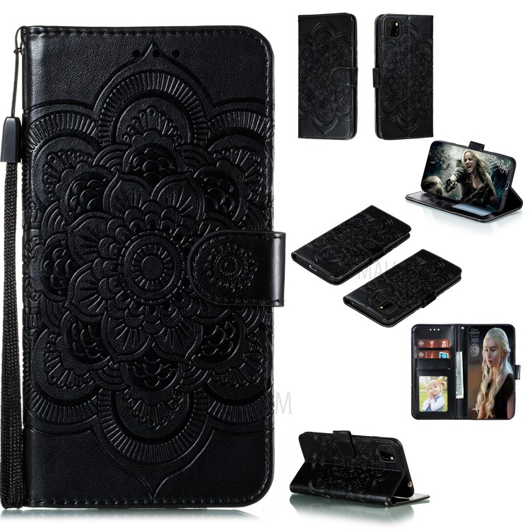 Capa De Couro Pele Flor Imprint Mandala Para Huawei Y5p 9S / Honra - Preto-1