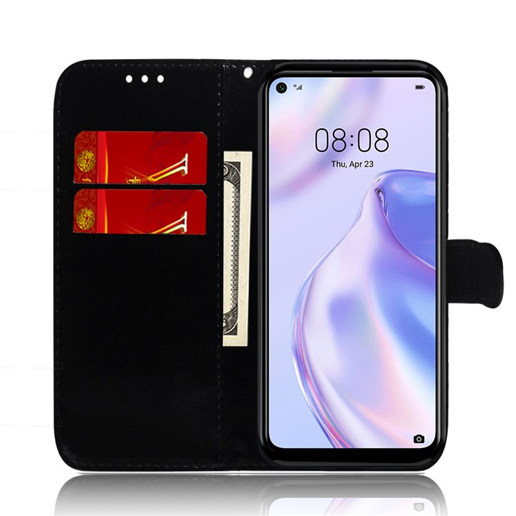 Caixa de Carteira de Suporte de Couro de Padrão de Flor Para Huawei Nova 7 Se/p40 Lite 5g - Preto