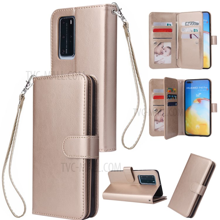 Solid Color Leather Stylish Case with Strap for Huawei P40 Pro - Gold-1