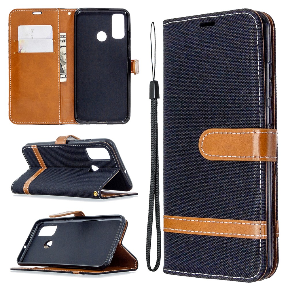 Assorted Color Jeans Cloth Leather Cover for Huawei P smart 2020 - Black-1