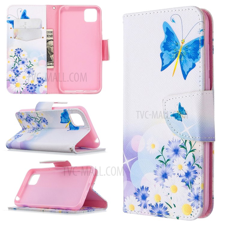 Pattern Printing Wallet Stand Flip Leather Phone Shell for Huawei Y5p / Honor 9S - Blue Butterfly-1