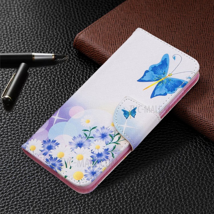 Padrão Carteira Impressão Ficar Escudo Do Telefone De Couro Da Aleta Para Huawei Y5p / Honra 9S - Borboleta Azul-7