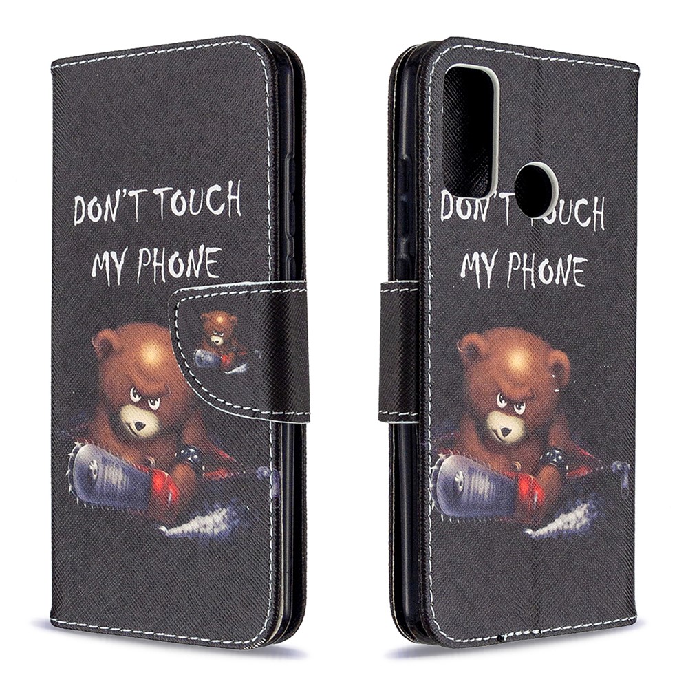 Pattern Printing Leather Wallet Stand Case for Huawei P smart 2020 - Brown Bear and Warning Words-4