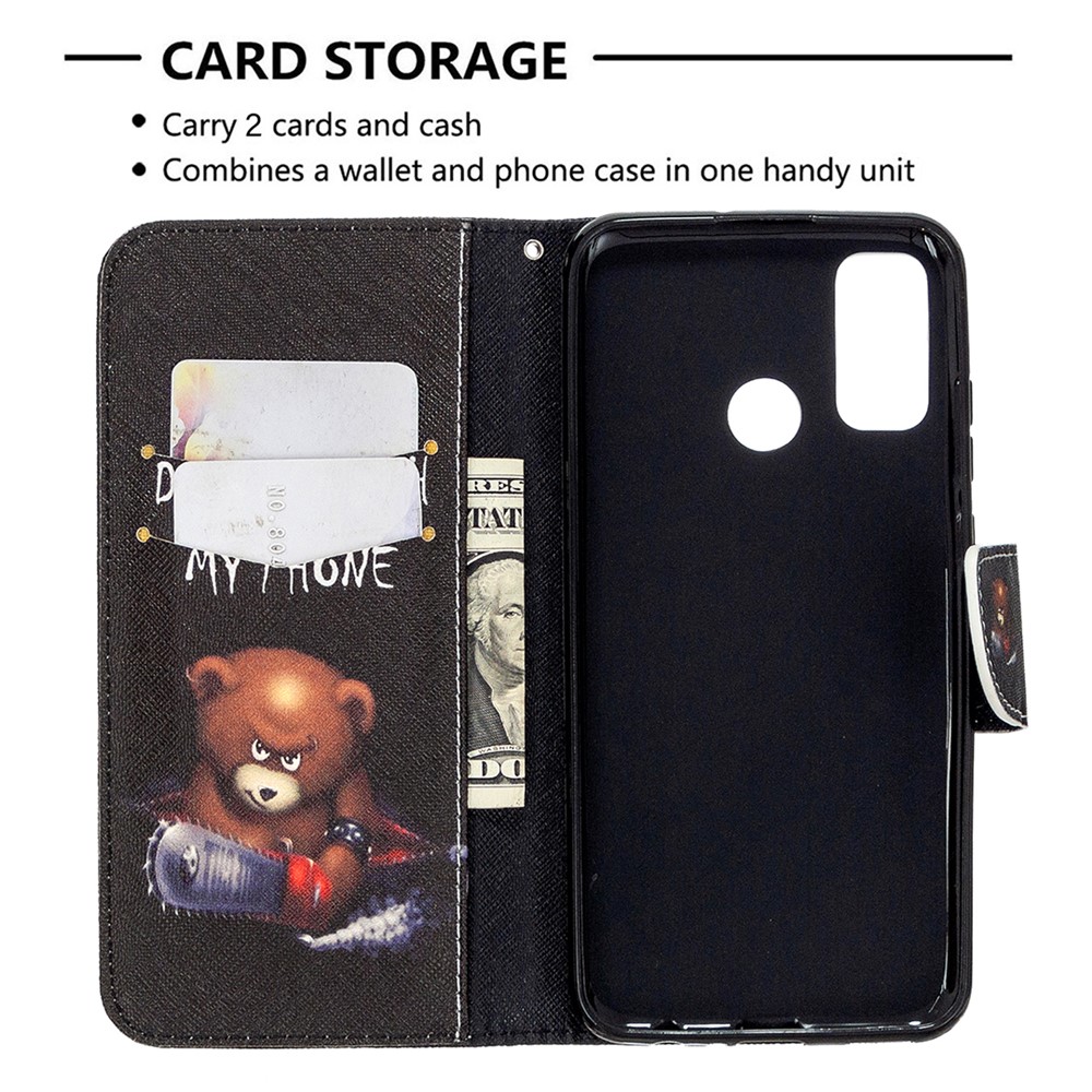 Pattern Printing Leather Wallet Stand Case for Huawei P smart 2020 - Brown Bear and Warning Words-6