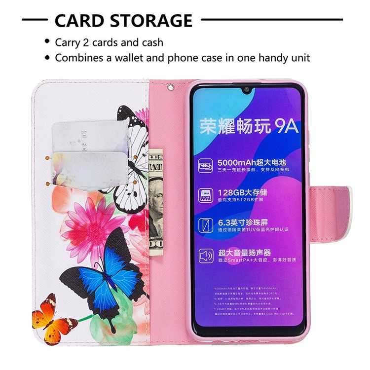 Pattern Printing Magnetic Leather Stand Case for Honor 9A - Vivid Butterflies-6