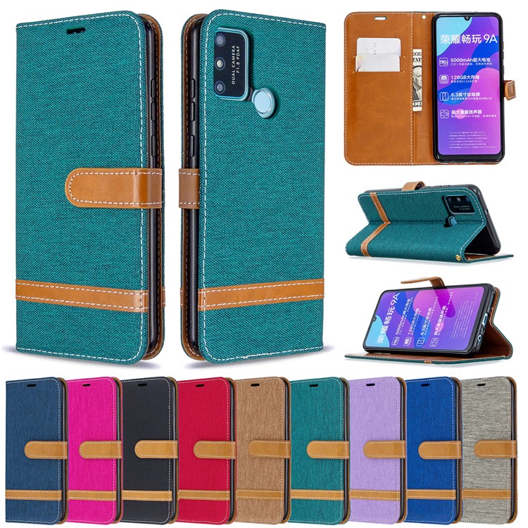 Assorted Color Jeans Cloth Skin Leather Wallet Case for Honor 9A - Black-10