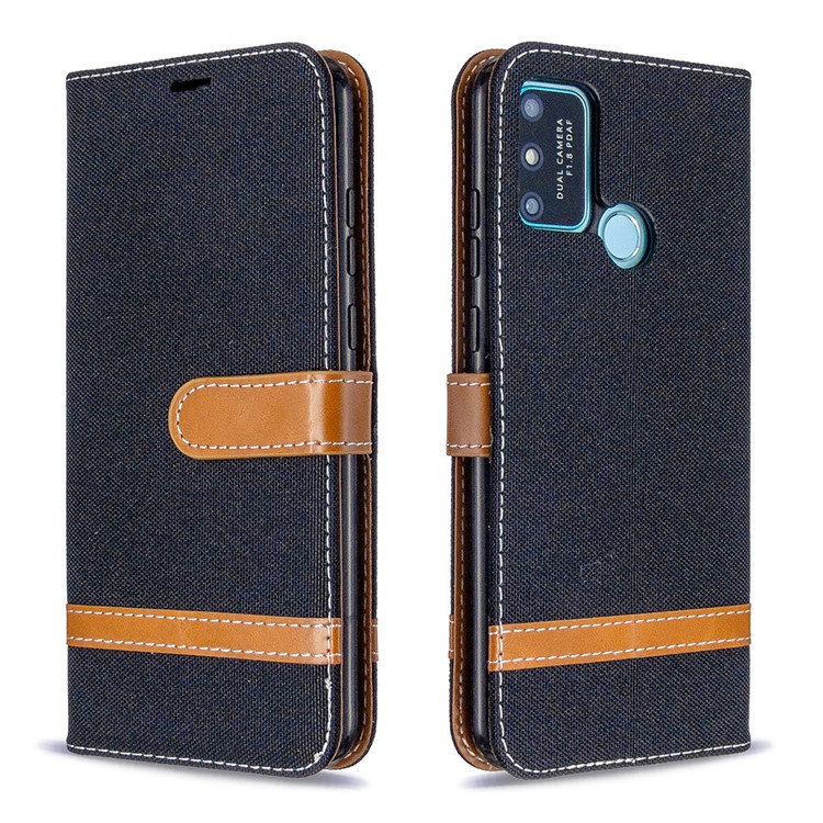 Assorted Color Jeans Cloth Skin Leather Wallet Case for Honor 9A - Black-4