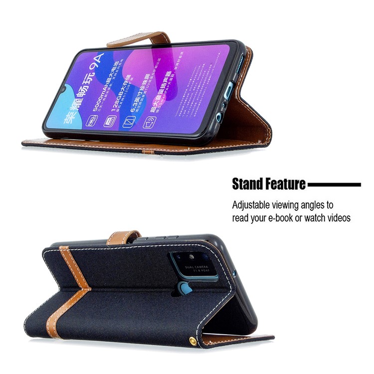 Assorted Color Jeans Cloth Skin Leather Wallet Case for Honor 9A - Black-5
