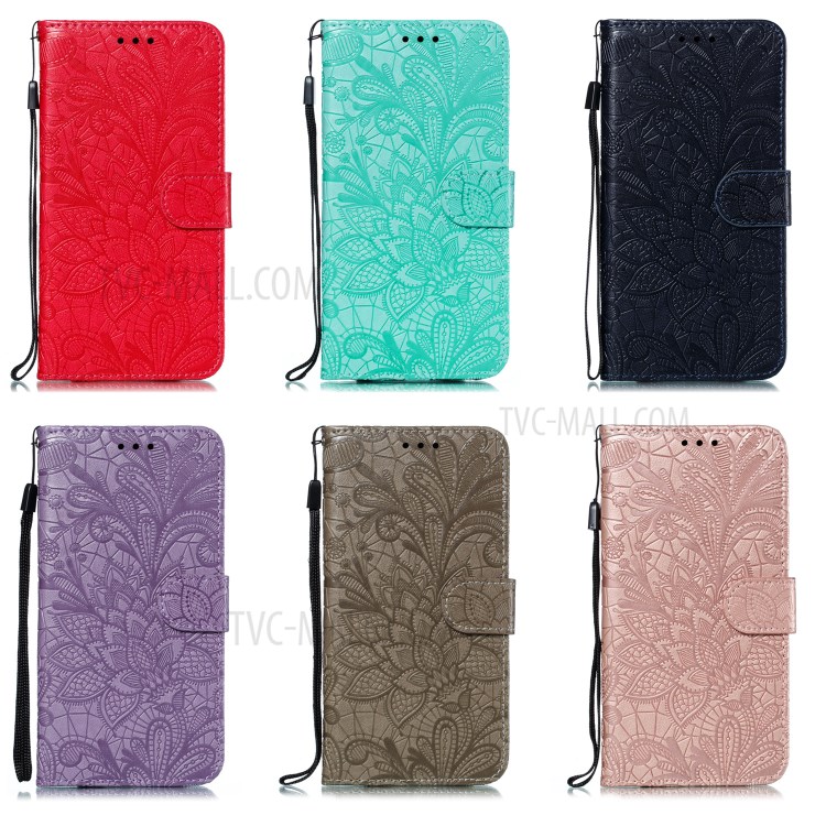 Imprint Lace Flower Leather Wallet Case for Huawei P smart 2020 - Black-12