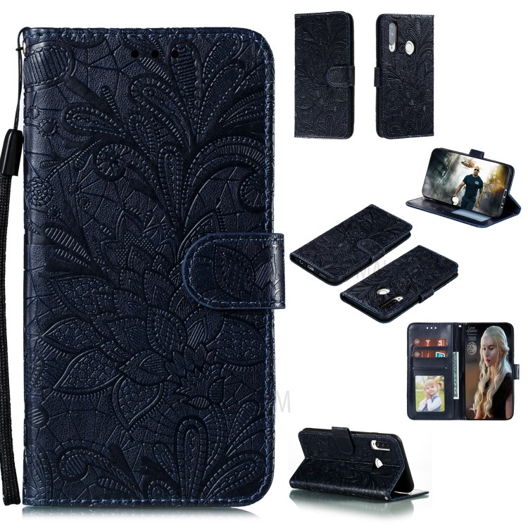 Imprint Flor Rendas Caso Estande Couro Magnética Para Huawei P40 Lite E / Y7p / Honra 9C - Preto-1