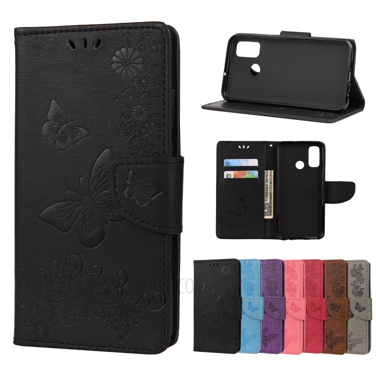 Imprint Flower Butterfly Leather Wallet Case for Huawei P smart 2020 - Black-1