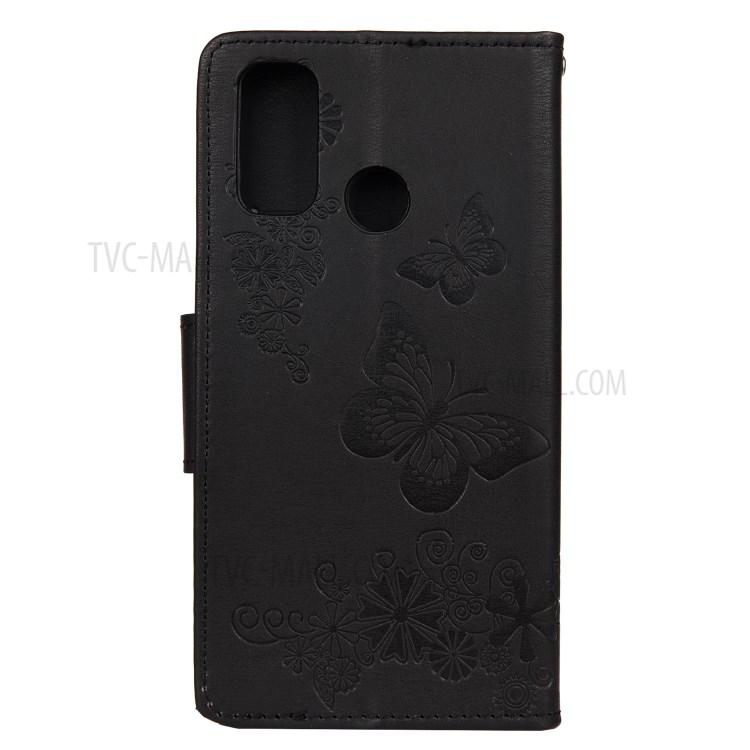 Imprint Flower Butterfly Leather Wallet Case for Huawei P smart 2020 - Black-4