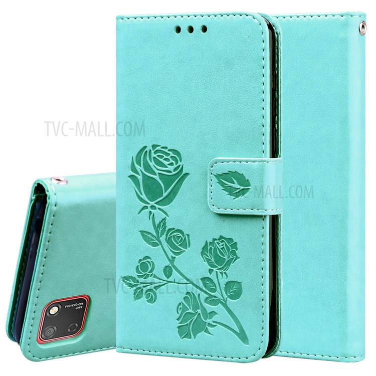 Imprinted Rose Flower Leather Wallet Stand Case for Huawei Y5p/Honor 9S - Cyan-1