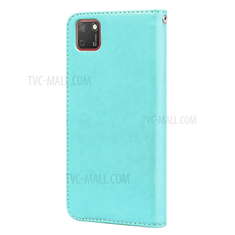 Imprinted Rose Flower Leather Wallet Stand Case for Huawei Y5p/Honor 9S - Cyan-2