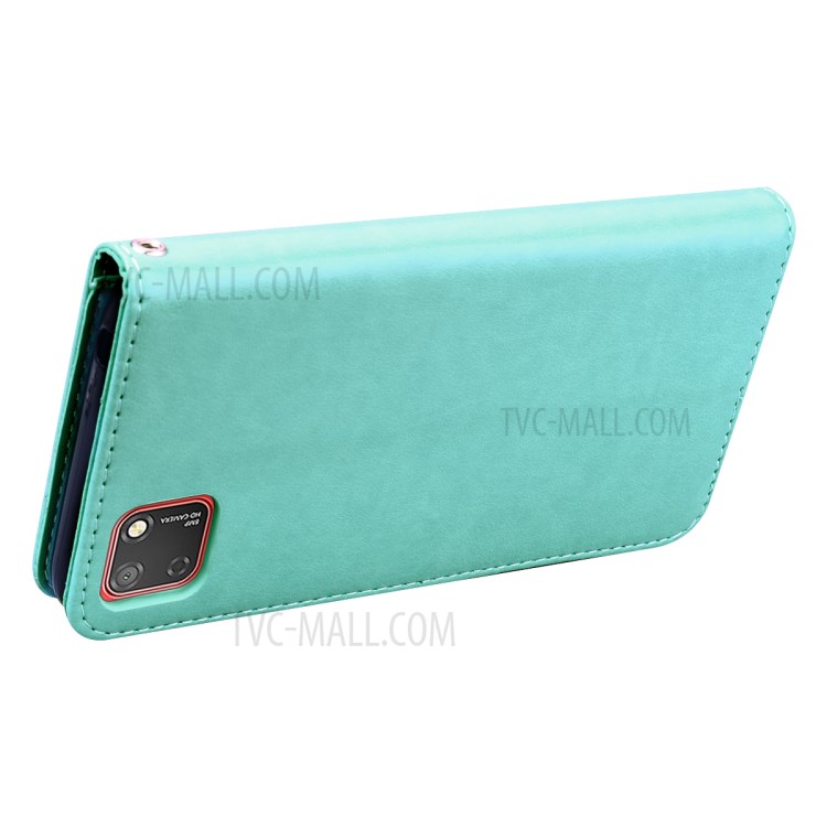 Imprinted Rose Flower Leather Wallet Stand Case for Huawei Y5p/Honor 9S - Cyan-4