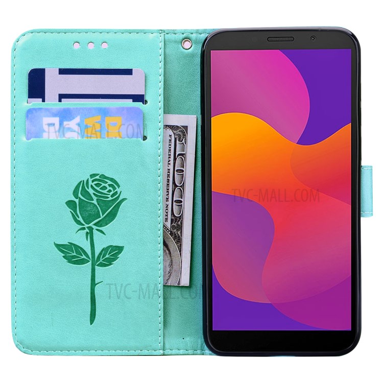 Imprinted Rose Flower Leather Wallet Stand Case for Huawei Y5p/Honor 9S - Cyan-6