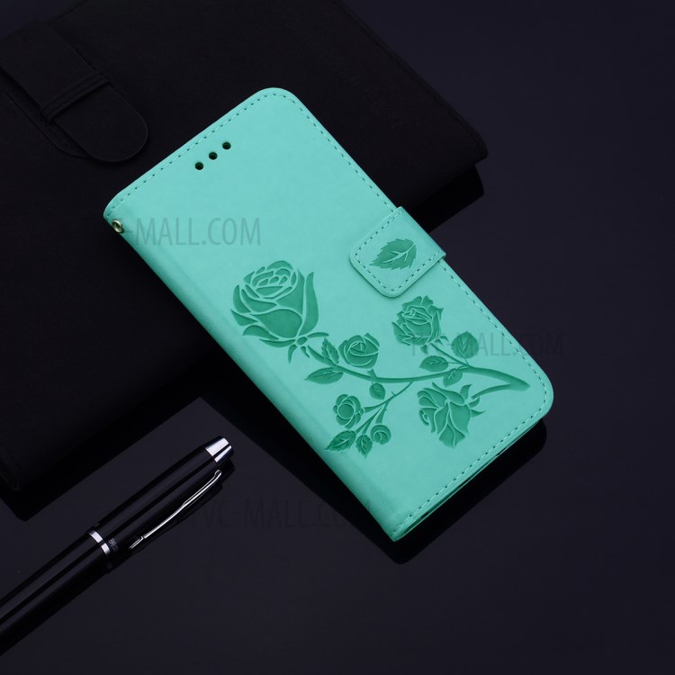 Imprinted Rose Flower Leather Wallet Stand Case for Huawei Y5p/Honor 9S - Cyan-7