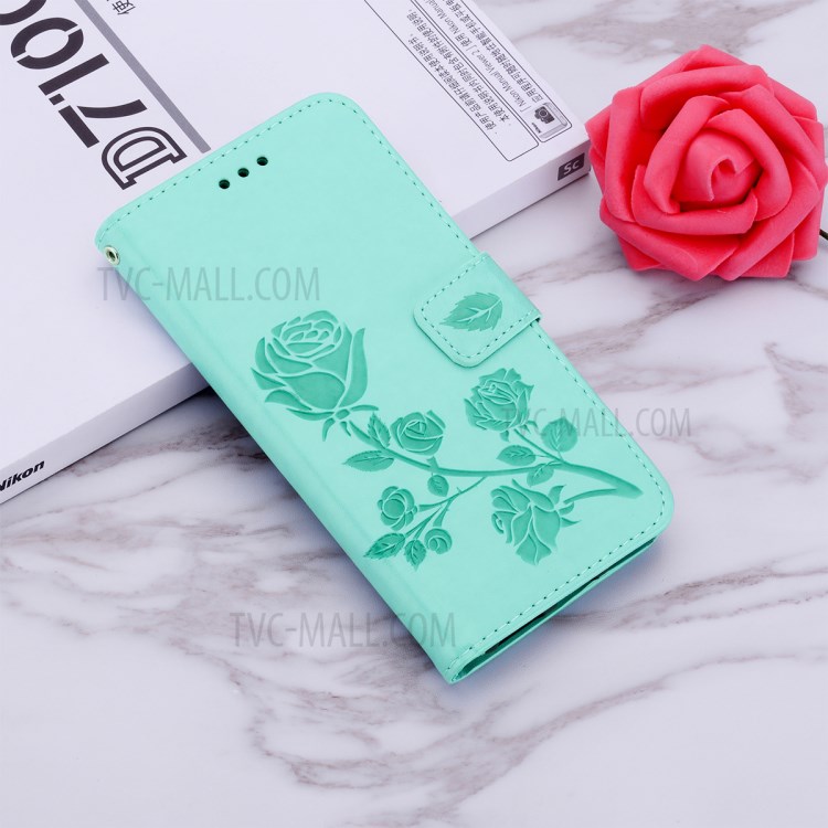 Imprinted Rose Flower Leather Wallet Stand Case for Huawei Y5p/Honor 9S - Cyan-8