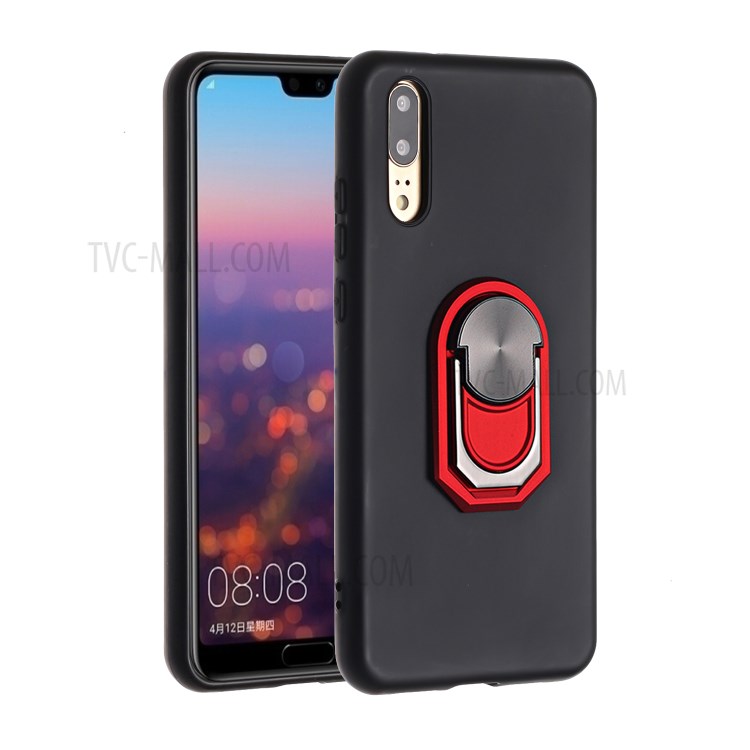 Soft Silicone Phone Case Cover with Kickstand for Huawei P20 - Black / Red-1