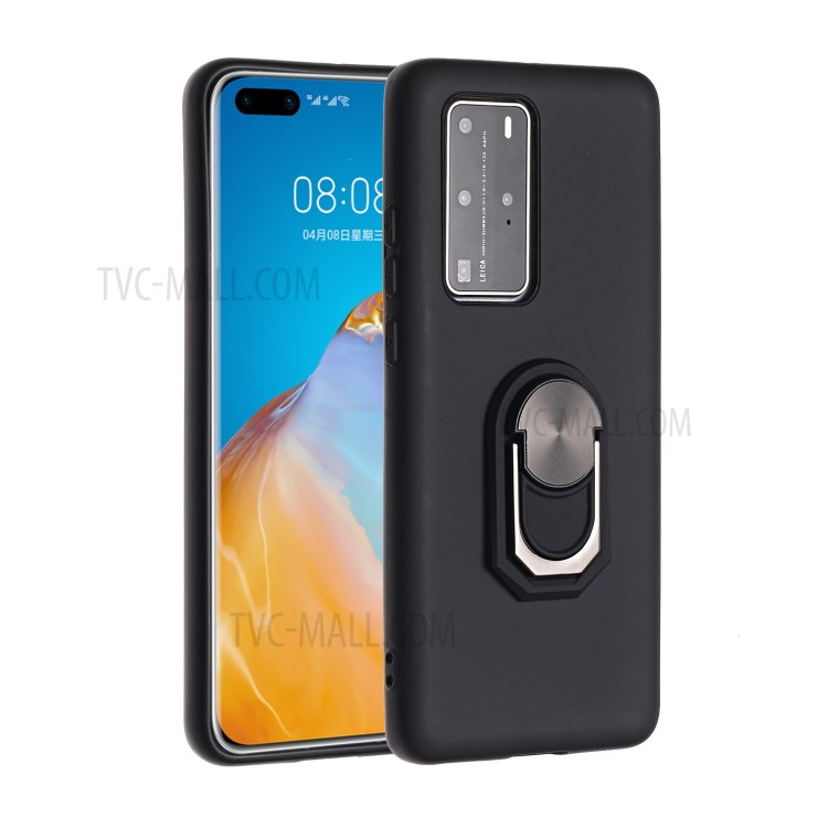 Armor Series Finger Ring Silicone Phone Case Cover for Huawei P40 Pro - Black-1