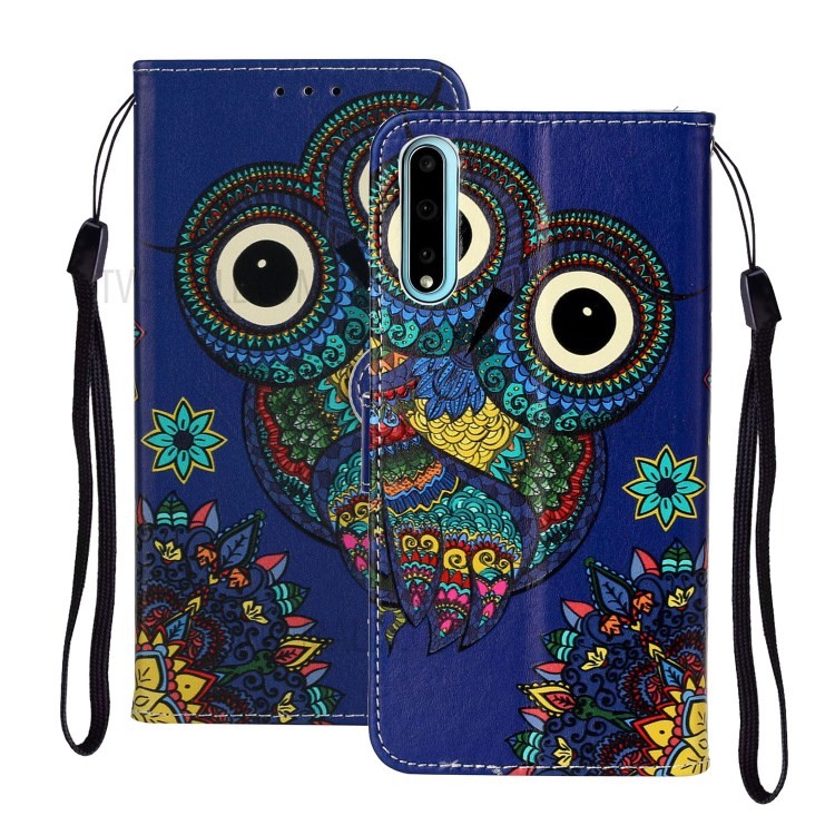 Embossed Patterned Wallet Leather Protective Case with Strap for Huawei Y8p - Owl-1