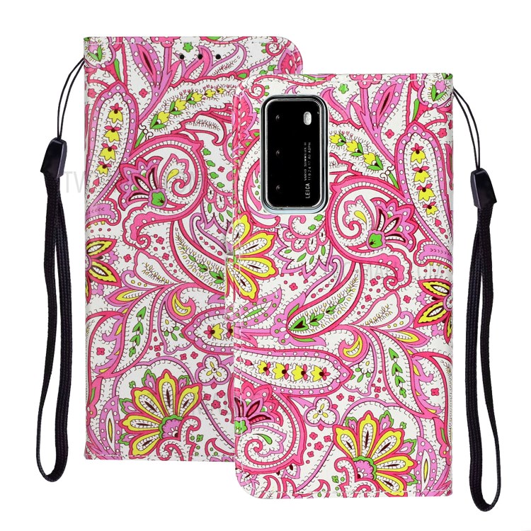 Embossed Patterned Wallet Leather Phone Shell with Strap for Huawei P40 - Paisley Flower-1