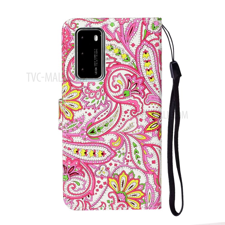 Embossed Patterned Wallet Leather Phone Shell with Strap for Huawei P40 - Paisley Flower-4