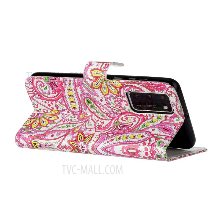 Embossed Patterned Wallet Leather Phone Shell with Strap for Huawei P40 - Paisley Flower-5