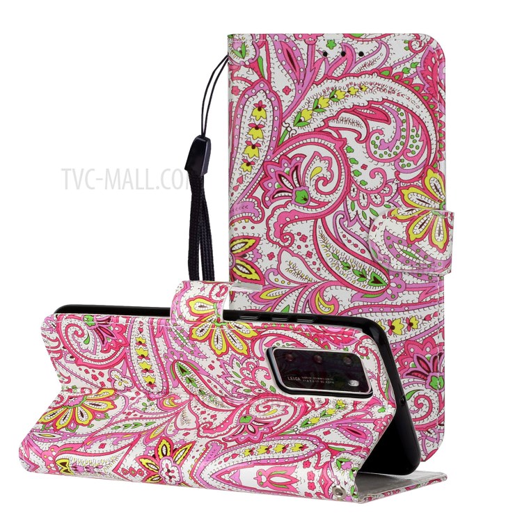 Embossed Patterned Wallet Leather Phone Shell with Strap for Huawei P40 - Paisley Flower-6