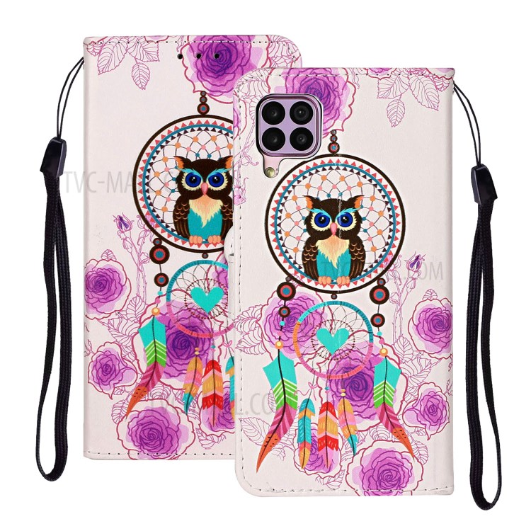 Embossed Pattern Printing Cover Leather Wallet Case for Huawei P40 lite 4G/nova 6 SE/Nova 7i - Owl and Dream Catcher-1