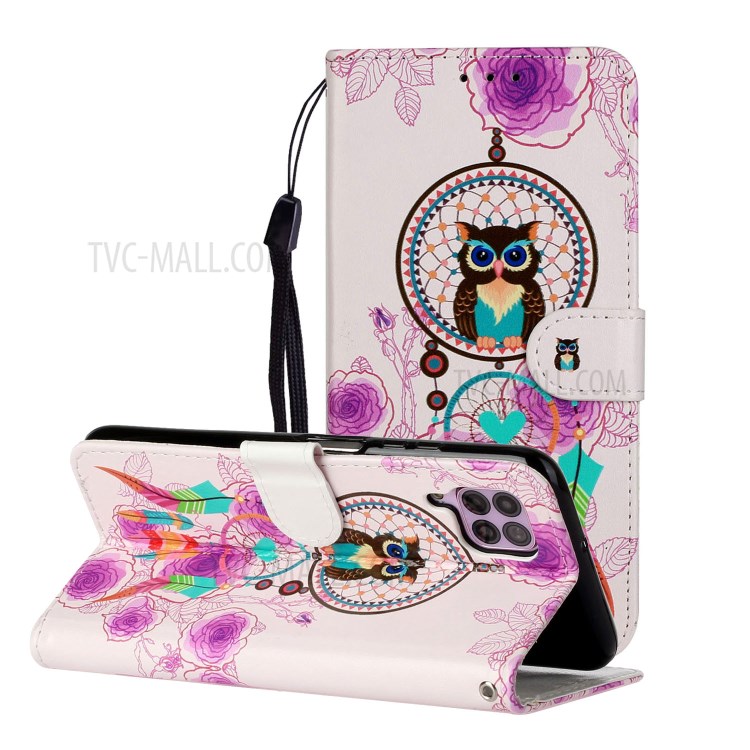 Embossed Pattern Printing Cover Leather Wallet Case for Huawei P40 lite 4G/nova 6 SE/Nova 7i - Owl and Dream Catcher-2