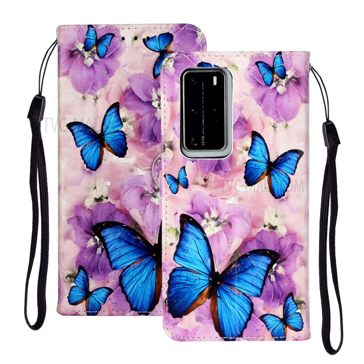 En Relief Cas De Téléphone Portable En Cuir Porte-monnaie Pour Motif Pro P40 Huawei - Papillons Bleus-1