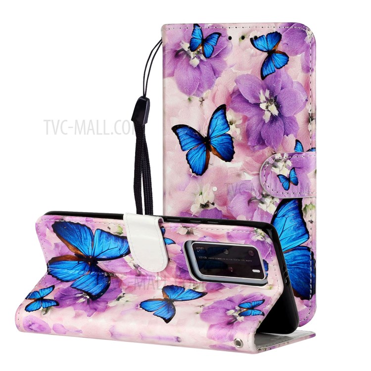En Relief Cas De Téléphone Portable En Cuir Porte-monnaie Pour Motif Pro P40 Huawei - Papillons Bleus-2