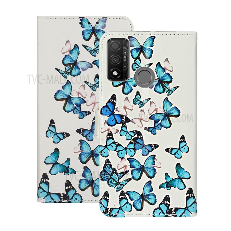 Coquille D'impression De Modèle De Téléphone En Cuir Porte-monnaie Pour P Smart 2020 Huawei - Papillons Bleus-3