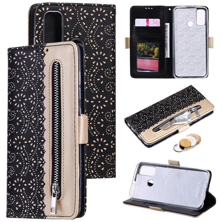 Dentelle Fermeture Éclair De Fleurs Avec Couverture En Cuir De Poche Pour P Smart 2020 Huawei - Noir-1
