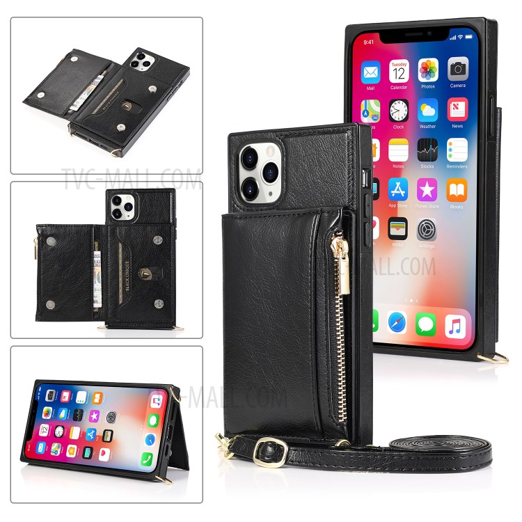 Avec Poche À Fermeture Éclair Étui De Téléphone Cuir Sangle Pour Iphone 11 Pro Max 6,5 Pouces - Noir-1