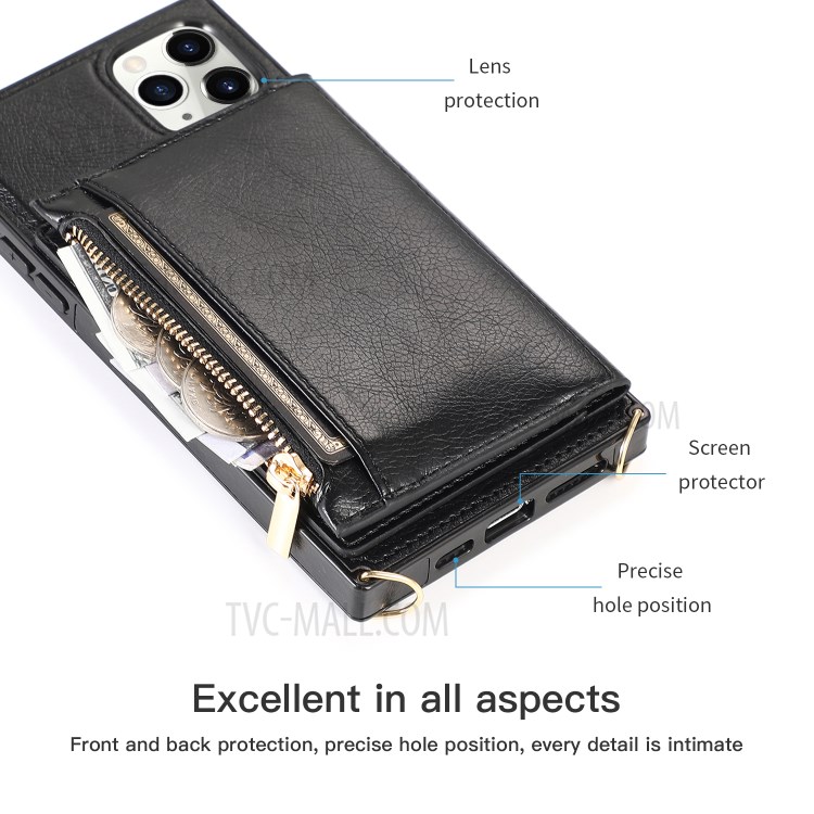 Avec Poche À Fermeture Éclair Étui De Téléphone Cuir Sangle Pour Iphone 11 Pro Max 6,5 Pouces - Noir-11