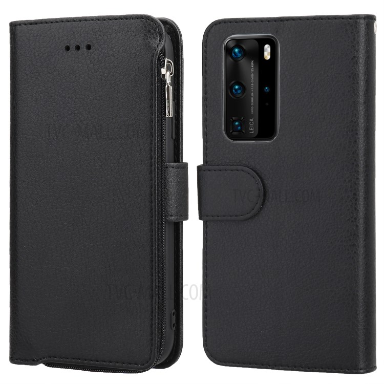 Stand Portefeuille Poche À Fermeture Éclair Étui De Protection En Cuir Microfibre Pour P40 Pro Huawei - Noir-1