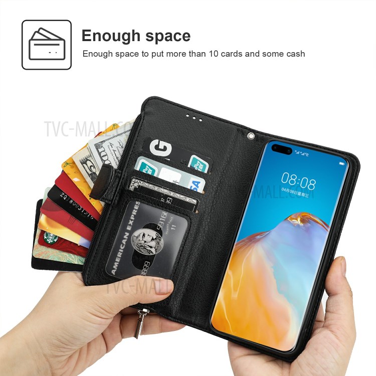 Stand Portefeuille Poche À Fermeture Éclair Étui De Protection En Cuir Microfibre Pour P40 Pro Huawei - Noir-2