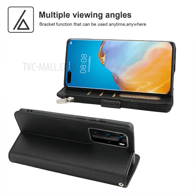 Stand Portefeuille Poche À Fermeture Éclair Étui De Protection En Cuir Microfibre Pour P40 Pro Huawei - Noir-3