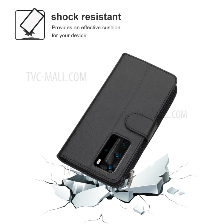 Stand Portefeuille Poche À Fermeture Éclair Étui De Protection En Cuir Microfibre Pour P40 Pro Huawei - Noir-4