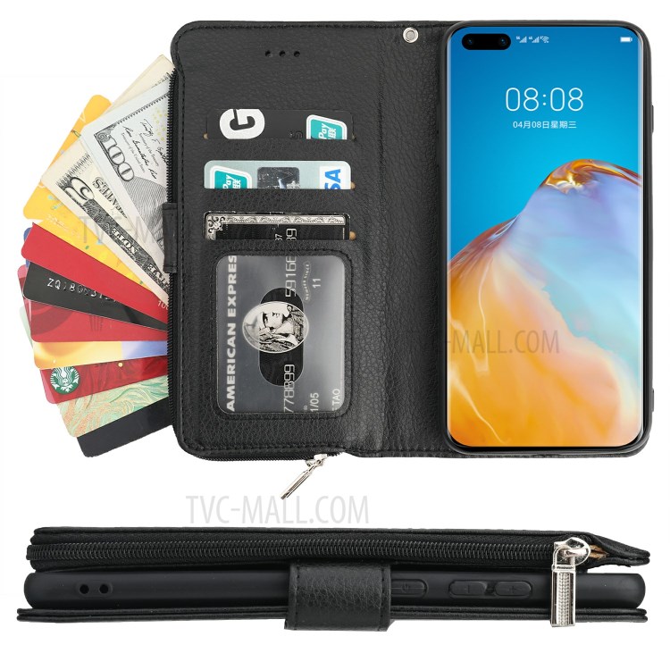 Stand Portefeuille Poche À Fermeture Éclair Étui De Protection En Cuir Microfibre Pour P40 Pro Huawei - Noir-7