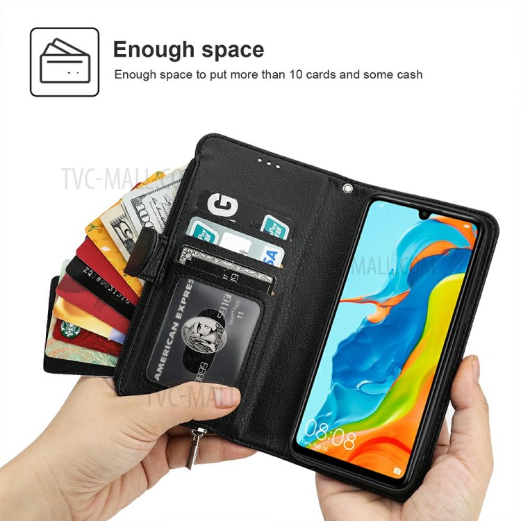Support Porte-monnaie De Poche À Fermeture Éclair Étui En Cuir Microfibre Pour Lite P30 Huawei / Nova 4E - Noir-2