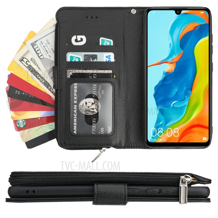 Support Porte-monnaie De Poche À Fermeture Éclair Étui En Cuir Microfibre Pour Lite P30 Huawei / Nova 4E - Noir-7